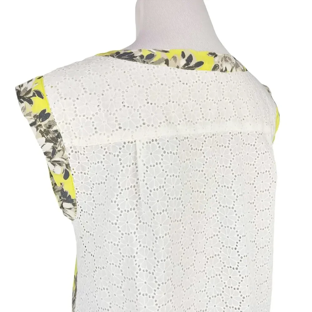 J. CREW Yellow Silk & White Eyelet Floral Sleeveless Blouse Size 2